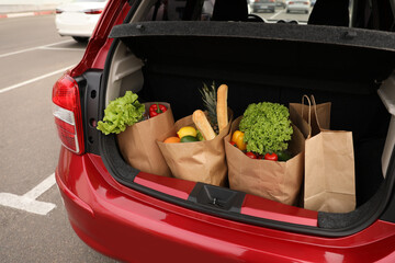 Bags full of groceries in car trunk outdoors © New Africa