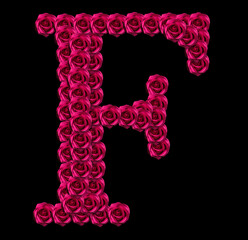 romantic concept image of a capital letter F made of red roses. Isolated on black background....