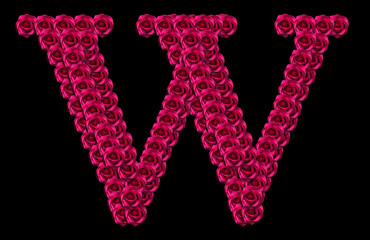 romantic concept image of a capital letter W made of red roses. Isolated on black background. Design element for love or valentines themes