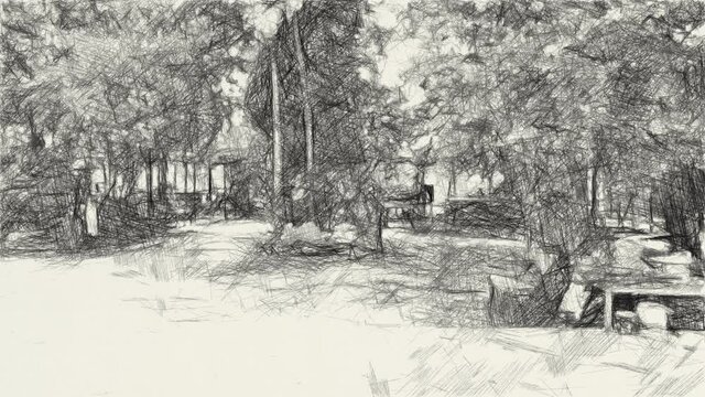 art drawing black and white of landscape background