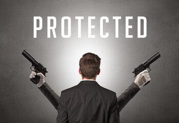 Rear view of a businessman with PROTECTED inscription, cyber security concept