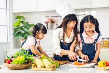 Portrait of enjoy happy love asian family mother and little asian girl daughter child having fun cooking together with fresh vegetable salad and sandwich ingredients on table in kitchen
