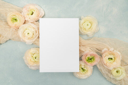 Blank stationer invitation floral flat aly on pastel background