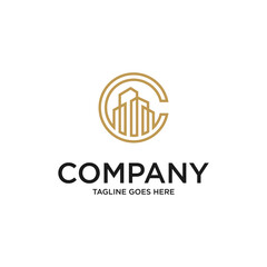 Initial Letter C and Building Linked Logo. with gold color isolated on white Background. Usable for Business and Branding Logos. Flat Vector Logo Design Template Element.