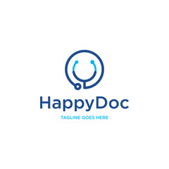 Obraz premium Happy Doctor logo with stethoscope isolated on white Background. Usable for Business and Branding Logos. Flat Vector Logo Design Template Element.