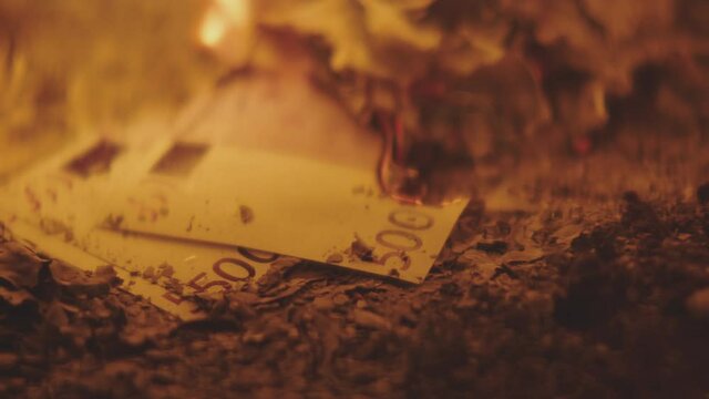 Several Euro Banknotes burning in a flame in Slowmotion. Concept of economic crisis.