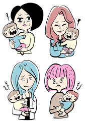 赤ちゃんを抱く困った顔の女性