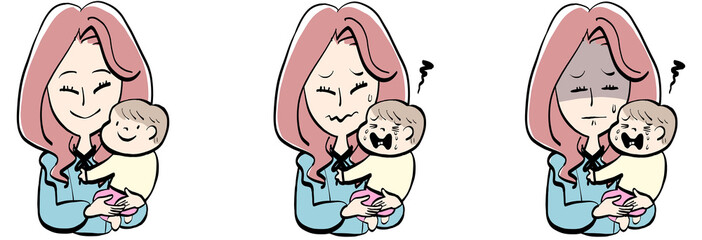 赤ちゃんを抱く困った顔の女性