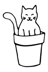 Vector isolated element. Illustration with cat is sitting in a flower pot. Hand drawn doodle.
