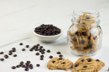 Homemade chocolate chips cookies on marble white background. 