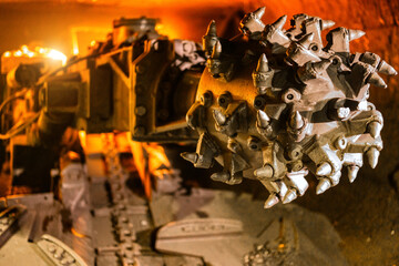 Shearer drill head in a coal mine