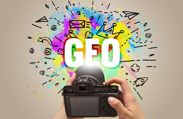 Close-up of a hand holding digital camera with abstract drawing and GEO inscription