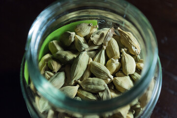 orched grains in a glass jar, seeds