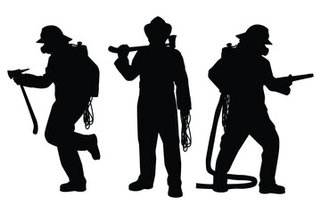 Set of firefighter with equipment silhouette vector on white background