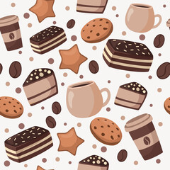 Desserts seamless pattern. Vector illustration of sweet cakes coffee and cookies
