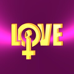 Female sign icon in love word. Silhouette of woman head. 3D rendering.