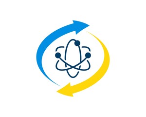 Upside down arrow with atom symbol inside