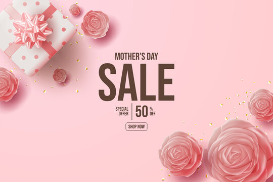 Mother's Day Sale With Gift Box And 3d Pink Roses.