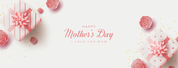 Fototapeta na wymiar Mother's day banner with two pink gift boxes.