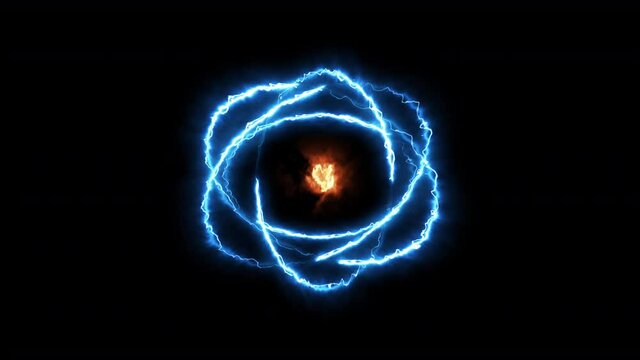 Colorful blue orange fiery atom sphere circle magic shiny rotation loop around the core on a black background