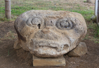 Stone sculpture or anthropomorphic statue from ancient pre-hispanic indigenous cultures in the...