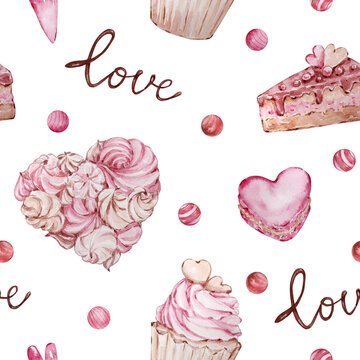 Watercolor seamless pattern with elements for Valentine's Day