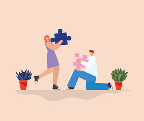 man and woman with one piece of puzzle each and plants on a orange background