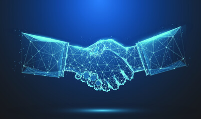 Abstract image of Business handshake in glowing blue. Low polygon, particle, and triangle style design.Wireframe light connection structure or points, lines, and shapes in the form of planets, stars