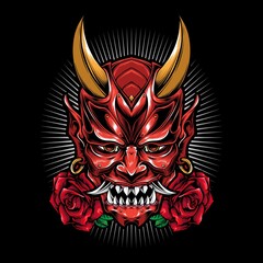 scary oni mask with rose vector
