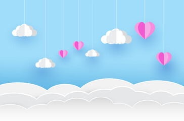 valentines day,  paper art style,  heart and clouds in the sky, Vector