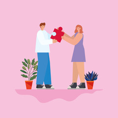 man and woman with red puzzle piece and plants on a pink background