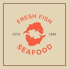 Color illustration of fish, text on the background. Vector illustration in vintage style. Advertising of fish products. Seafood restaurant icon.