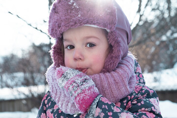 Winter, games, family, childhood concepts - close-up portrait authentic little preschool minor 3-4...