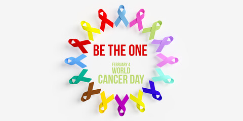 World Cancer Day - 4th February concept. 3D rendered colorful ribbons and in red letters the banner BE THE ONE WORLD CANCER DAY 4 FEB on white background with large copy space and square composition.