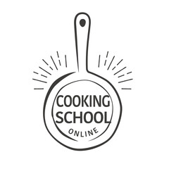 Hand drawn flying pan illustration, logo design for online cooking school