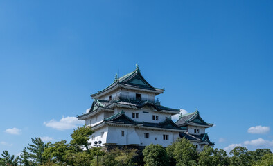 Wakayama, Wakayama Prefecture / Japan, October 15 2020: Full view of Wakayama Castle emerging from a hill of green trees with a nearly cloudless blue sky on an early autumn day.
