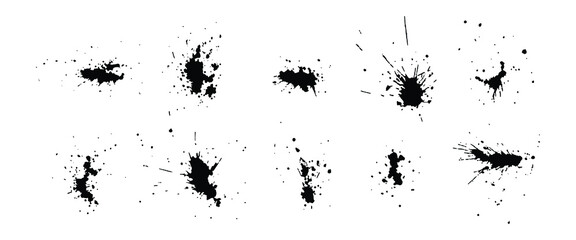 Fototapeta premium a collection of black ink splashes for graphic design elements. Abstract ink stroke and splash texture on white paper. Hand drawn illustration brush for dirty texture.