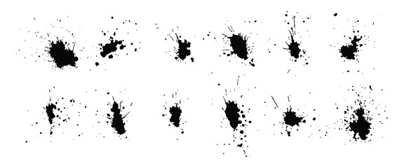 a collection of black ink splashes for graphic design elements. Abstract ink stroke and splash texture on white paper. Hand drawn illustration brush for dirty texture.