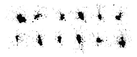 Fototapete a collection of black ink splashes for graphic design elements. Abstract ink stroke and splash texture on white paper. Hand drawn illustration brush for dirty texture. © freeject.net