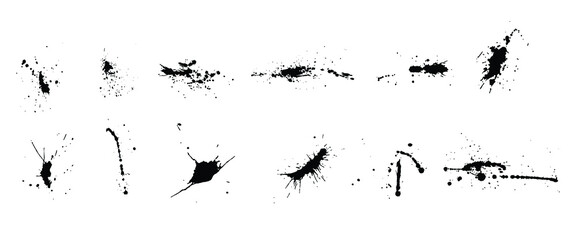 a collection of black ink splashes for graphic design elements. Abstract ink stroke and splash texture on white paper. Hand drawn illustration brush for dirty texture.