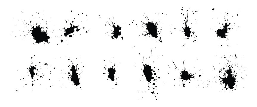 a collection of black ink splashes for graphic design elements. Abstract ink stroke and splash texture on white paper. Hand drawn illustration brush for dirty texture.