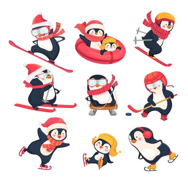 Penguins athletes. Sports characters icons flat illustration
