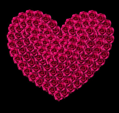 love concept image of heart shape made of red roses isolated on black background