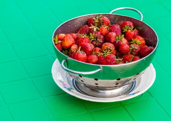 Garden strawberries in a steel colander on a ceramic plate close up against a green plastic table