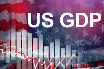Slow down production in US. Drop in economy in US during  crisis. US GDP logo next to graph down....