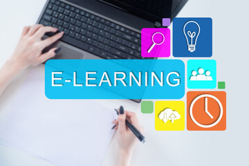 E-learning business management. Business management. Remote electronic learning using a computer. Female hands next to a laptop. Online training in business management. Online training webinar