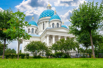Orthodox Cathedral in Saint Petersburg. Churches Russia. Trinity Izmailovsky Cathedral on summer day. Russian Orthodox Cathedral in Saint Petersburg. Orthodox сhurch with blue domes. Sights of Russia