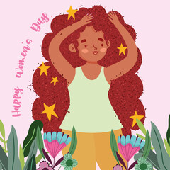 happy womens day cute girl with stars long hair and flowers