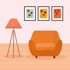 living room with a piece of furniture, a lamp and three pictures behind it