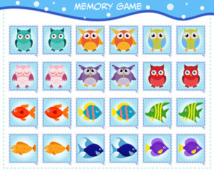 Memori game for children. The set includes cards with owls and fish. Find paired identical pictures